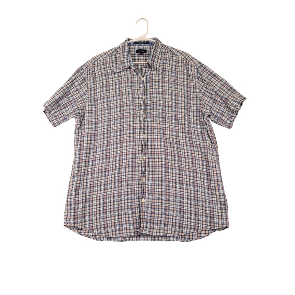 Gant Long Island Linen Plaid Short Sleeve Button Down Shirt Blue Tan Mens XL‎
